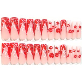 Long Love French Manicure Matte Long Square Press On Nails - 24 Pieces - Artificial Nails - Valentine's Day Nails