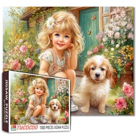 Tucocoo Charming Girl and Puppy 1000 Piece Puzzle for Adults, Flower Garden, Cottagecore Art Puzzle, Colorful Flower Dog Scene, Relaxing and Fun Gift for Puzzle Enthusiasts