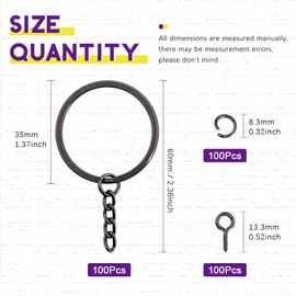 Swpeet 300Pcs 7/5 Inch 35mm Black Flat Key Chain Rings Kit, Including 100Pcs Split Keychain Rings with Chain and 100Pcs Jump Ring with 100Pcs Screw Eye Pins Bulk for Jewelry Findings Making