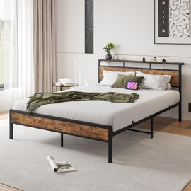 ZGEHCO Queen Bed Frame with Headboard Storage,Wood Bed Frame with Charging Station,Platform Bed Frame Queen Size Mattress Foundation No Box Spring Needed,Heavy Duty Steel,Black&Brown Oak