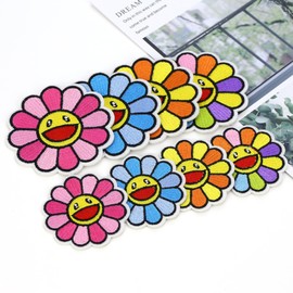 4pcs Designer Fashion Takashi Murakami Smiley Face Sunflower Rainbow Flower Embroidered Patches Sew/Iron on Badge DIY Decoration Patches for Hat Bags Jackets Jeans Shirt Cap