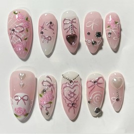 Medium Press on Nails Almond Fake Nails with Rhinestones Bow Flower Pearl Heart Designs Pink Nails Press ons Glossy Glue on Nails White Acrylic Nails Cute False Nails Stick on Nails for Women 24Pcs