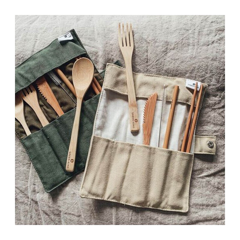 Green + Kind Bamboo Cutlery Roll-Up Set - Beige, 1