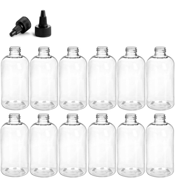 8 Ounce Boston Round Bottles, PET Plastic Empty Refillable BPA-Free, with Black Twist Top Caps (Pack of 12) (Clear)