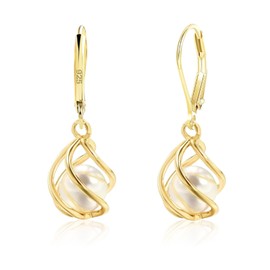 AstraGlam Pearl Earrings with Gold Cage, Elegant White Freshwater Pearl Dangle Earrings, Hypoallergenic Jewelry for Sensitive Ears, Versatile to Wear
