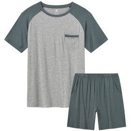 MoFiz Men Modal Pajamas Sets Short Sleeve Sleepwear PJs Sets Two-Pieces Loungewear with Pockets Cozy Soft Dry Fit Suits Size M Gray-blue