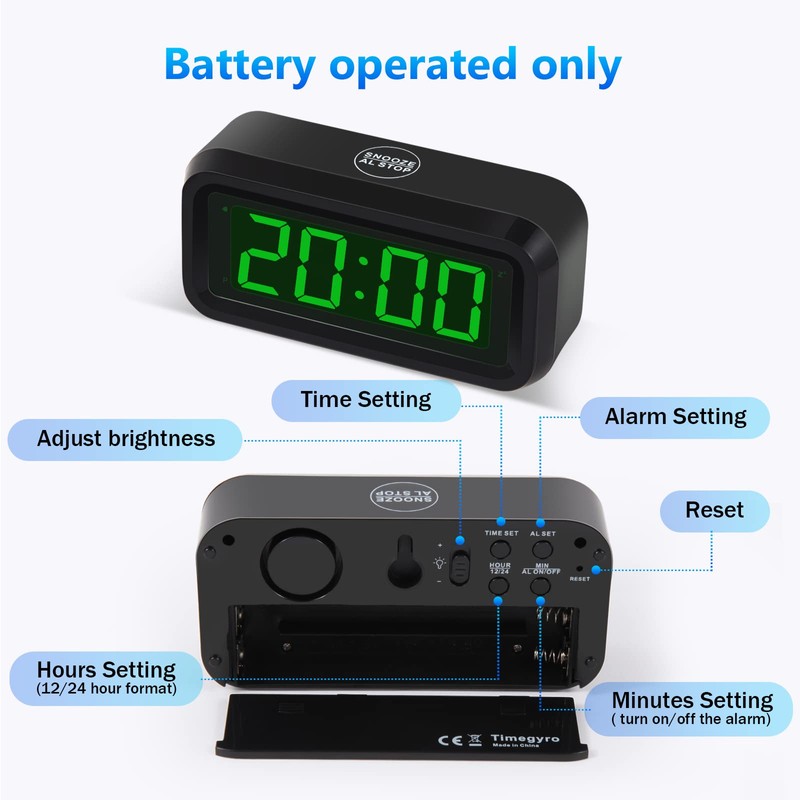 Timegyro Digital Alarm Clock Battery Operated with LED Display for