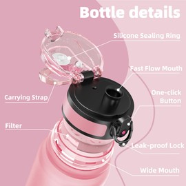 OLDLEY 32 oz Water Bottle, Motivational Water Bottle with Time Marker, Sports Water Bottle With Strap, Leakproof & BPA Free Large Water Bottles for School, Gym, Travel, Outdoor, Tritan,Pink