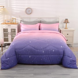 Wowelife Glitter Teen Bedding Sets for Girls Gradient Full Size 5 Pieces Comforter Set Pink Purple Kids Comforter Sets Lightweight with Comforter, Flat Sheet, Fitted Sheet and 2 Pillowcases