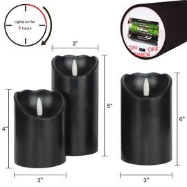 Eldnacele Black Wax Flameless Flickering Candles with 6H Timer, 3D Wick Realistic Battery Operated Pillar LED Candles Set of 3 for Easter Home Wedding Party Christmas Decoration (D3” x H4”5”6”)
