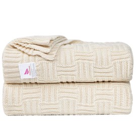 uxcell 100% Cotton Cable Knit Throw Blanket,Soft Lightweight Lap Blanket,Textured Solid Sofa Throw Couch Cover Decorative Knitted Blankets, Beige 50"x 60"