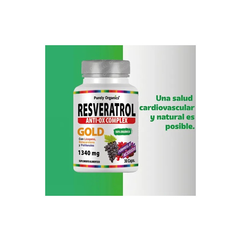 Resveratrol Anti-ox Complex Gold Antioxidante 30 Cápsulas sin sabor. Purely