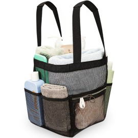 DV Lifestyle Mesh Shower Caddy Dorm, 7 Pockets & 1 with Zipper, Shower Tote with Padded Handles, Travel Shower Caddy Portable, Shower Caddy College Room Essentials, Bathroom Shower Bag (Black)