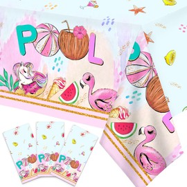 Zhynice 3 Pcs Pool Beach Tablecloth for Pool Party Decorations Summer Beach Disposable Plastic Table Covers Pink Flamingos Unicorns Hawaiian Tropical Kids Boys Girls Birthday Party Supplies Favors