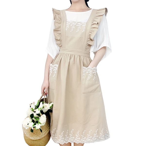 TOWYYO Women's Apron, Cute, One-piece Type, 100% Cotton, Fashionable, Ruffle, Lace, Pockets, Shoulder Bag, Kitchen, Cafe Style, Cooking Class, Solid, Long Length, Scandinavian Style, beige
