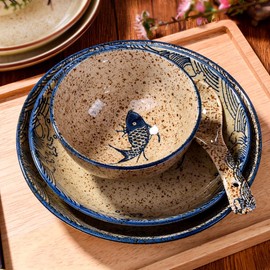 4-Piece Ceramic Dinnerware Set, Plate, Dish, Bowl, Spoon, Japanese Hand-painted Tableware set, A Good Tableware (Yule)