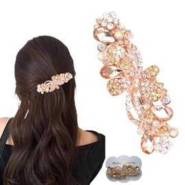 Rhinestone Flower Metal French Hair Clips, Pretty Hair Clips for Women Sparkling Hair Accessory, Decorative Adornment Crafted Exclusively for Women Brides (Gold)
