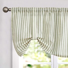 jinchan Tie Up Linen Textured Striped Bow Tie Curtain for Kitchen Bathroom Rod Pocket Pinstripe Valance Window Treatments Ticking Stripe Pull Cord Valance 1 Panel 18 Inch Sage Green on Linen