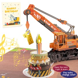 DTESL 3D Greeting Pop Up 1st Birthday Card with light and music, Crane Truck card For Boy, Nephew, Grandson, Son, Toddler, with Envelope, Message Card - Open it play: plays hit song 'Happy Birthday'