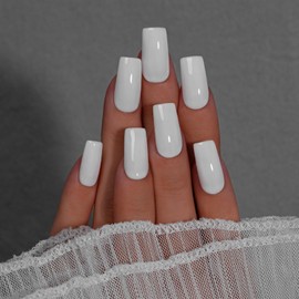 KQueenest White Press On Nails Long Square - Summer Press On Nails Medium Coffin, Sheer Milky White Fake Nails with Glue, Glossy Opaque, Reusable Soft Gel Glue on Nails for Women, 24 Pcs