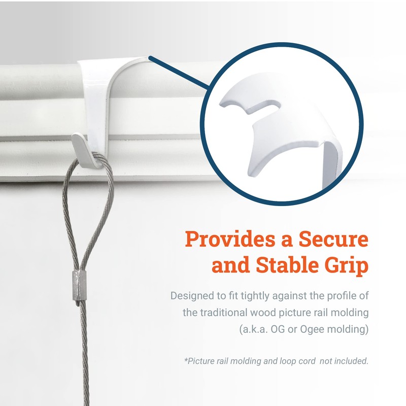Picture Rail Hooks White - Supports 8 lbs - 10