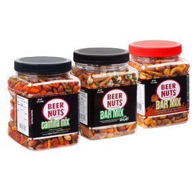 BEER NUTS Hot Bar Mix + Cantina Mix + Bar Mix with Wasabi Family Size Jars 3-Pack Bundle