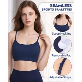 Sports Bras Spaghetti Strap Adjustable for Women, Padded Tank Top High Impact Workout Yoga Top Basic Camisole, Navy Blue, Large