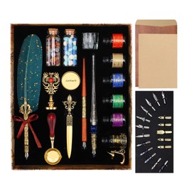 Junhartt Quill Feather Pen and Ink Set, Calligraphy Pen Glass Dip Pen and Wax Seal Stamp Kit (Green)