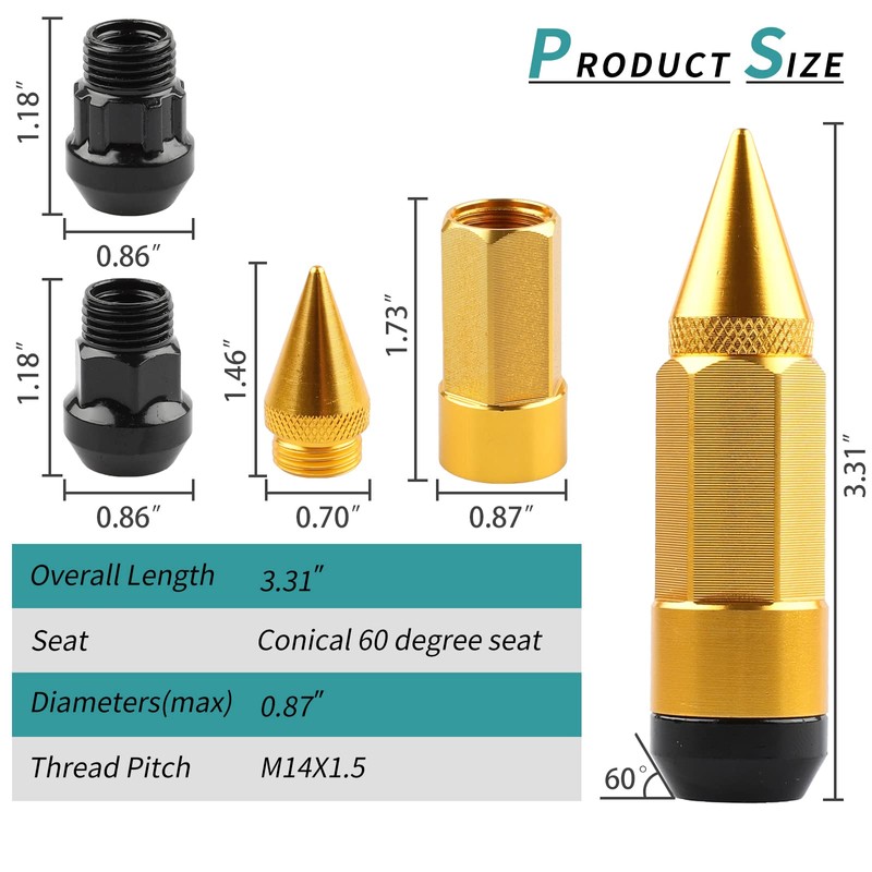 YeshineAuto M14x1.5 Anti Theft Wheel Spike Lug Nut 24 PCS