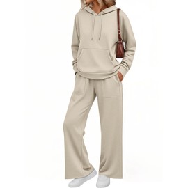 AUTOMET Womens 2 Piece Outfits Sweatsuits Lounge Matching Fall Sets Jogging Suit Oversized Hoodie Wide Leg Sweatpant Clothes Apricot S