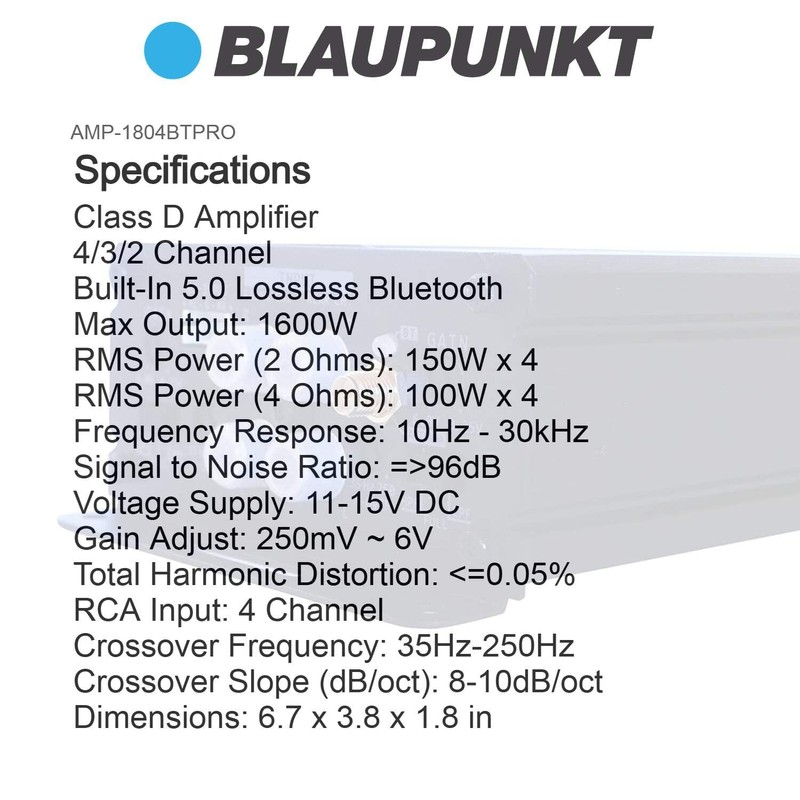 Blaupunkt AMP-1804BTPRO 1600W 4-Channel Amplifier with Bluetooth - 2 Ohm