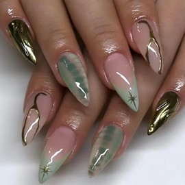 Viugex 30Pcs Light Green Press on Nails Almond Medium, French Stiletto False Nails with Star Line Design, Glossy Acrylic Full Cover Fake Nail Set, Natural Removable Stick on Nails for Women and Girls