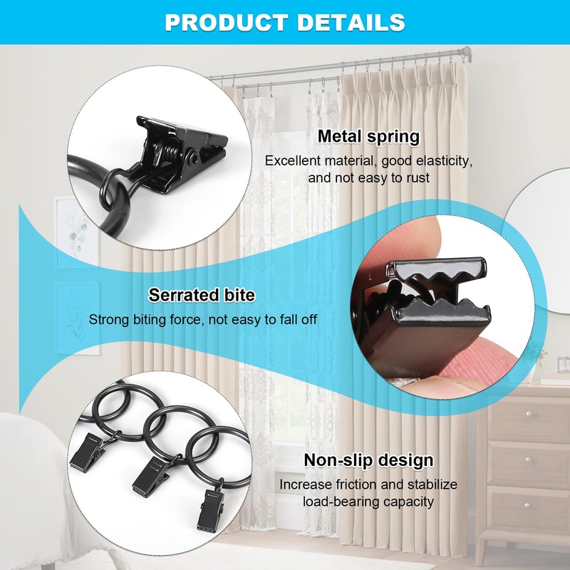 Curtains Ring Clip, Metal Curtain Ring with Hook, Sliding Eyelet
