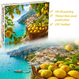Bgraamiens 1000 Piece Jigsaw Puzzles for Adults – Amalfi Coast with Lemons – Mediterranean Seaside Scene with Citrus and Coastal View – Scenic Italian Gift for Relaxation
