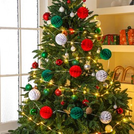 Suncalla 9.8ft Christmas Honeycomb Ball Garland Decorations Red Green White Hanging Decorations Pre Strung Paper Pom Poms Banner for Xmas Party Wreath Tree Fence Fireplace Birthday Home Wall Decor