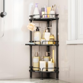 Consumest Corner Shower Caddy Stand - 3 Tier Shower Organizer with Soap Holder, Tall Floor Corner Shelves Standing with Adjustable Feet & 4 Hooks, Storage Rack for Bathroom Black