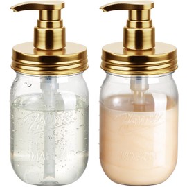 Amolliar Plastic Mason Jar Soap Dispenser with Pump Lid,16OZ Refillable BPA-Free Hand Soap Dispenser Set with Cute Lables - for Kitchen/Bathroom, Liquid Soap, Dish Soap, Lotion (2 Pack, Gold)