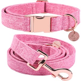 DOGWONG Cotton Dog Collar and Leash Pink Pet Collar Soft Durable for Small Medium Large Girl Dogs