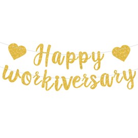 RICHHHA Gold Glitter Happy Workiversary Banner - NO DIY -Black Work Anniversary Decorations, Pre-Strung -Sign Bunting for Work Party Office Party，Office Party Theme Decoration Sign