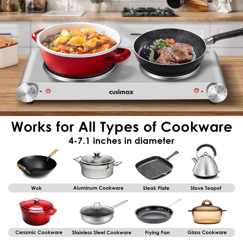 CUSIMAX Hot Plate, Electric Double Burner, 1800W Cast Iron Countertop