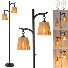 9MMML Rattan Floor Lamp for Living Room, Boho Floor Lamp with 2 Hanging Wicker Lamp Shade, 67'' Farmhouse Dimmable Black Standing Lamp with Rotary Switch for Bedroom, 2 x 800LM LED Bulbs Included