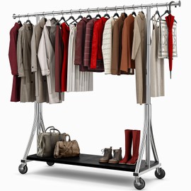 MAXLEAD Clothes Rack, Clothing Rack with Wood Shelves 500 LBS Heavy Duty Garment Rack for Hanging Clothes Portable Closet Sturdy Coat Rack for Bedroom, Living Room, Laundry, Balcony, Silver