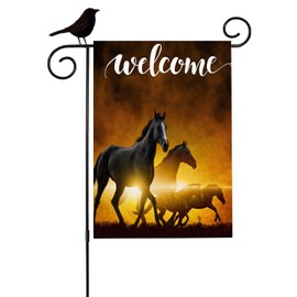 Mugod Running Horse Garden Flag 12.5x18 Inch Double Sided Outside, Red Glowing Clouds Beautiful Sunset Black Horses Seasonal Farmhouse Yard Outdoor Flag