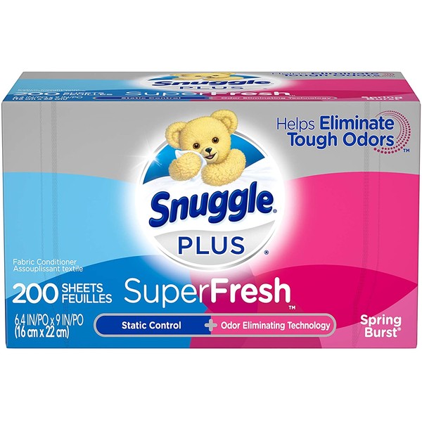 Snuggle Plus SuperFresh Fabric Softener Dryer Sheets with Static Control and Odor Eliminating Technology, Burst, White, 200 Count, Spring