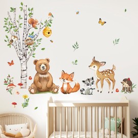 decalmile Woodland Animals Birch Tree Wall Decals Bear Fox Deer Wall Stickers Baby Nursery Kids Bedroom Living Room Wall Decor