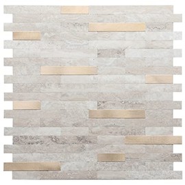 STICKGOO Peel and Stick Backsplash, PVC Wall Tiles Stick on Backsplash for Kitchen(1 Sheet, Beige with Metal Gold)