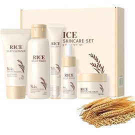 Set de Cuidado Facial con Arroz, Set de Viaje para Mujer de 5 Piezas, Que Incluye Leche Limpiadora, Tónico, Sérum para el Contorno de Ojos, Sérum y Crema Hidratante, Para Nutrir y Revitalizar la Piel