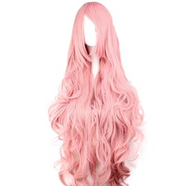 100cm レディース ウィッグ フルウィッグ ロング カール ウェーブ 巻き髪 前髪斜め ゆるふわ かつら 原宿風 自然な質感 高温耐熱仕様 アニメ コスプレ コスチューム用 フリーサイズ ピンク
