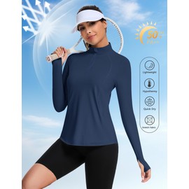 Loovoo Women's UPF50+ Sun Shirts Long Sleeve Uv Protection Rash Guard Quick Dry 1/4 Zip Workout Pockets Tops (Navy Bule, M)
