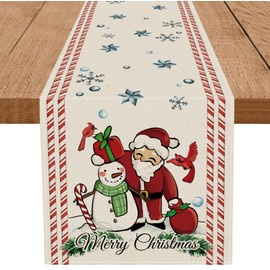 Merry Christmas Table Runner Santa Claus Snowman Snowflake Runner Candy Cane Stripe Design for Cardinal Table Decorations Seasonal Winter Xmas Home Kitchen Dining Table Decor 13x72 Inch